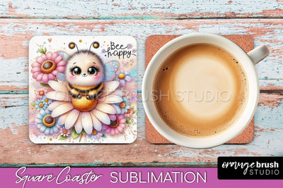 Watercolor Bee Square Coaster Sublimation - Bee Quote Sublimation OrangeBrushStudio 