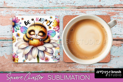 Watercolor Bee Square Coaster Sublimation - Bee Quote Sublimation OrangeBrushStudio 