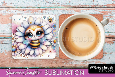 Watercolor Bee Square Coaster Sublimation - Bee Quote Sublimation OrangeBrushStudio 