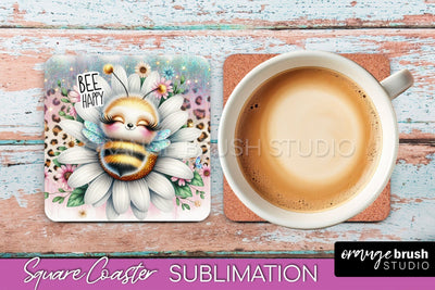 Watercolor Bee Square Coaster Sublimation - Bee Quote Sublimation OrangeBrushStudio 