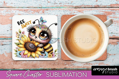 Watercolor Bee Square Coaster Sublimation - Bee Quote Sublimation OrangeBrushStudio 