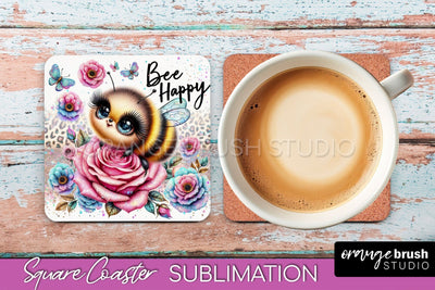 Watercolor Bee Square Coaster Sublimation - Bee Quote Sublimation OrangeBrushStudio 