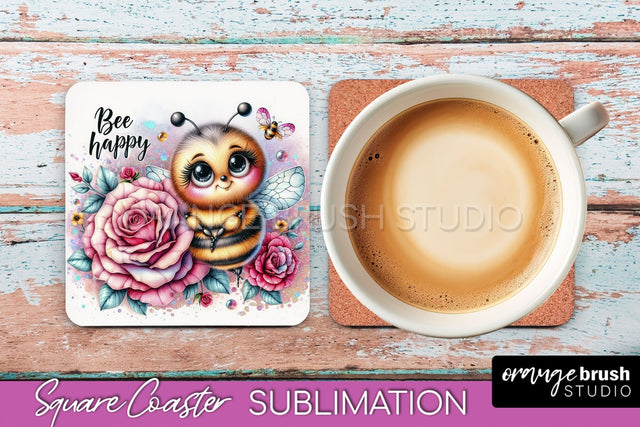 Watercolor Bee Square Coaster Sublimation - Bee Quote Sublimation OrangeBrushStudio 