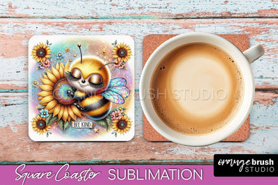 Watercolor Bee Square Coaster Sublimation - Bee Quote Sublimation OrangeBrushStudio 
