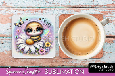 Watercolor Bee Square Coaster Sublimation - Bee Quote Sublimation OrangeBrushStudio 