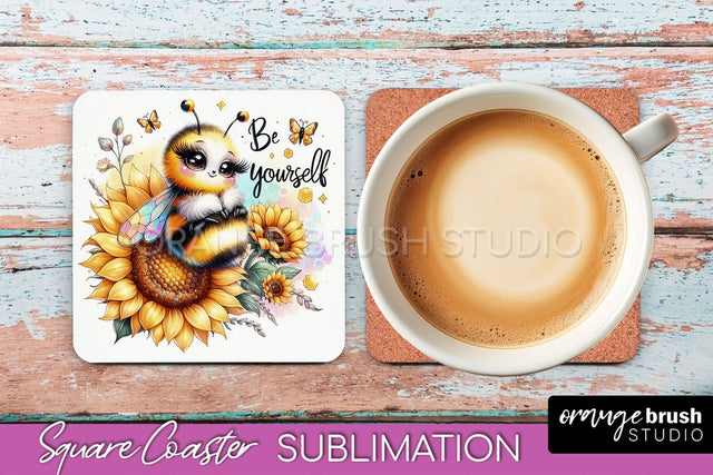 Watercolor Bee Square Coaster Sublimation - Bee Quote Sublimation OrangeBrushStudio 