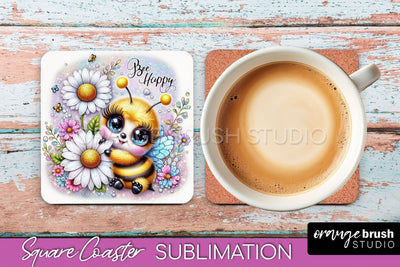 Watercolor Bee Square Coaster Sublimation - Bee Quote Sublimation OrangeBrushStudio 