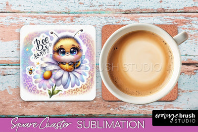 Watercolor Bee Square Coaster Sublimation - Bee Quote Sublimation OrangeBrushStudio 