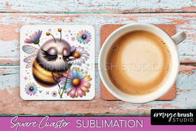 Watercolor Bee Square Coaster Sublimation - Bee Quote Sublimation OrangeBrushStudio 