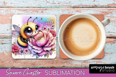 Watercolor Bee Square Coaster Sublimation - Bee Quote Sublimation OrangeBrushStudio 