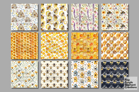 Watercolor Bees Digital Paper | Beehive Honeycomb Natural Digital Pattern Fine Purple Elephant Creations 