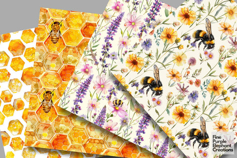 Watercolor Bees Digital Paper | Beehive Honeycomb Natural Digital Pattern Fine Purple Elephant Creations 