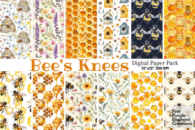 Watercolor Bees Digital Paper | Beehive Honeycomb Natural Digital Pattern Fine Purple Elephant Creations 