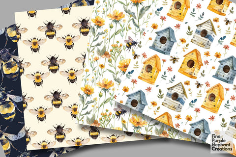 Watercolor Bees Digital Paper | Beehive Honeycomb Natural Digital Pattern Fine Purple Elephant Creations 