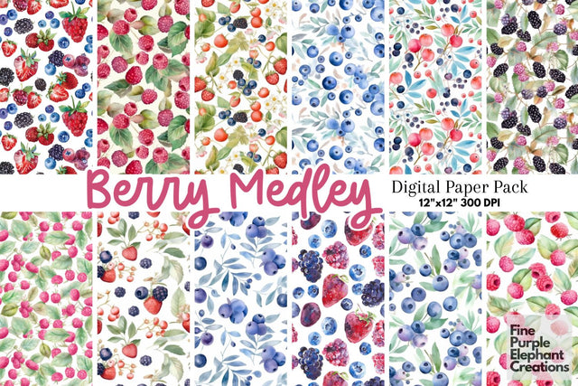 Watercolor Berry Digital Paper | Summer Berries Scrapbook Digital Pattern Fine Purple Elephant Creations 