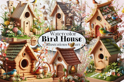Watercolor Bird House Clipart Bundle Sublimation SVGArt 