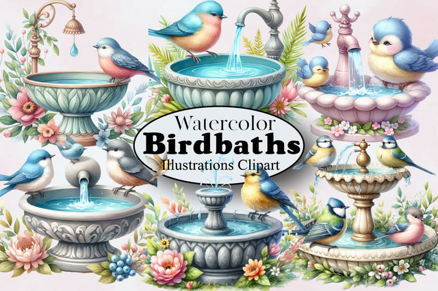 Watercolor Birdbaths Clipart PNG Sublimation SVGArt 