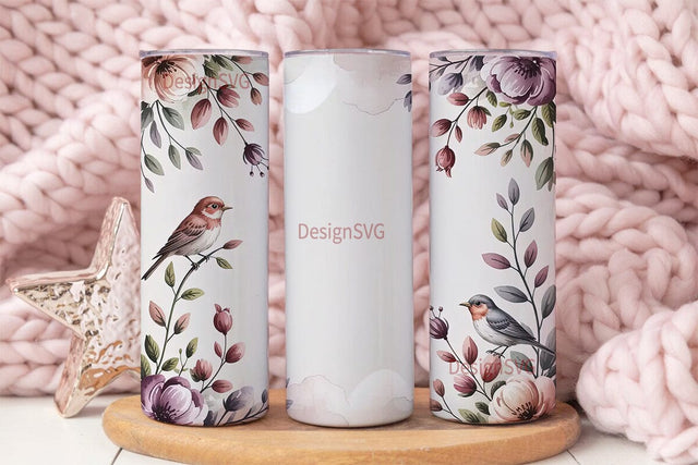 Watercolor Birds and Flowers Tumbler Sublimation DesignSVG 