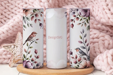 Watercolor Birds and Flowers Tumbler Sublimation DesignSVG 