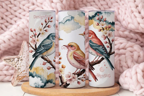 Watercolor Birds & Blossoms Tumbler Wrap Sublimation DesignSVG 
