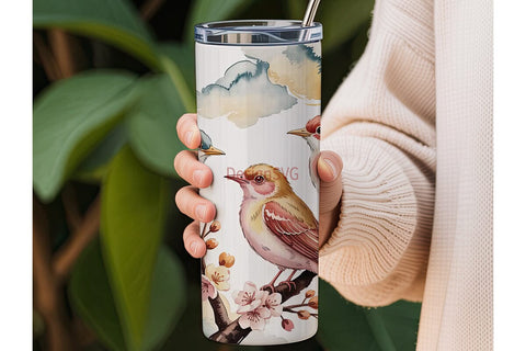 Watercolor Birds & Blossoms Tumbler Wrap Sublimation DesignSVG 