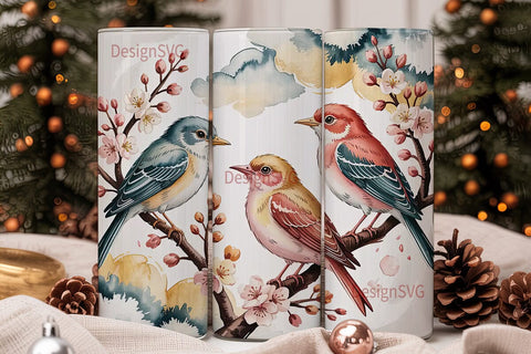 Watercolor Birds & Blossoms Tumbler Wrap Sublimation DesignSVG 