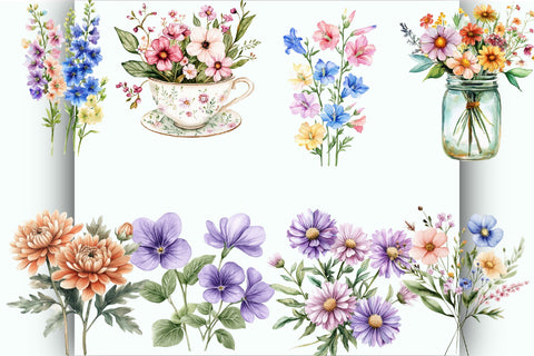 Watercolor Birth Month Flower Clipart Bundle. Sublimation SVGArt 