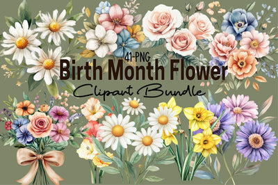 Watercolor Birth Month Flower Clipart Bundle. Sublimation SVGArt 