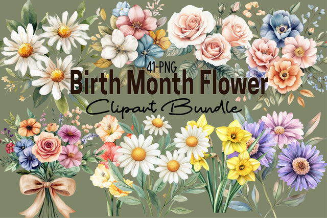Watercolor Birth Month Flower Clipart Bundle. Sublimation SVGArt 