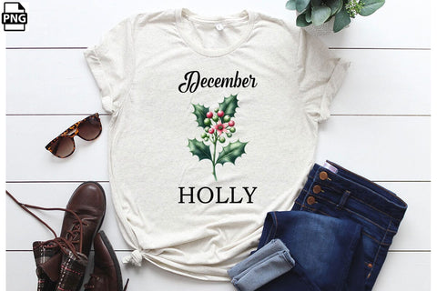 Watercolor Birth Month Flower December Holly Clipart Printable File Sublimation Creativedesigntee 