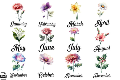 Watercolor Birth Month Flowers Clipart Bundle Printable File Sublimation Creativedesigntee 
