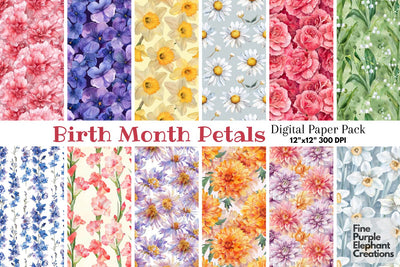 Watercolor Birth Month Flowers Digital Paper Digital Pattern Fine Purple Elephant Creations 