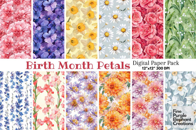 Watercolor Birth Month Flowers Digital Paper Digital Pattern Fine Purple Elephant Creations 