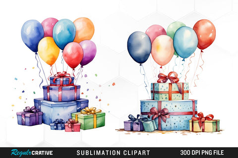 Watercolor Birthday Party Cake Balloons Clipart Bundle Sublimation Regulrcrative 
