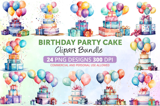 Watercolor Birthday Party Cake Balloons Clipart Bundle Sublimation Regulrcrative 