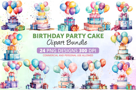 Watercolor Birthday Party Cake Balloons Clipart Bundle Sublimation Regulrcrative 
