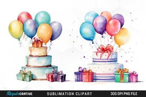 Watercolor Birthday Party Cake Balloons Clipart Bundle Sublimation Regulrcrative 