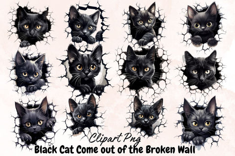 Watercolor Black Cat Come out of the Broken Wall Clipart Bundle Sublimation Designangry 