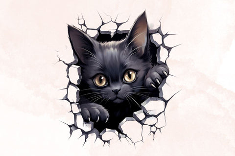 Watercolor Black Cat Come out of the Broken Wall Clipart Bundle Sublimation Designangry 