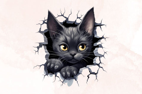Watercolor Black Cat Come out of the Broken Wall Clipart Bundle Sublimation Designangry 