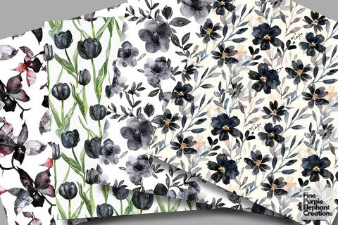 Watercolor Black Flowers Digital Paper | Halloween Gothic Noir Digital Pattern Fine Purple Elephant Creations 