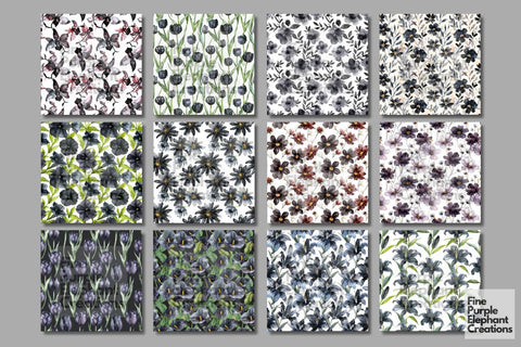 Watercolor Black Flowers Digital Paper | Halloween Gothic Noir Digital Pattern Fine Purple Elephant Creations 