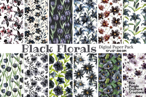 Watercolor Black Flowers Digital Paper | Halloween Gothic Noir Digital Pattern Fine Purple Elephant Creations 