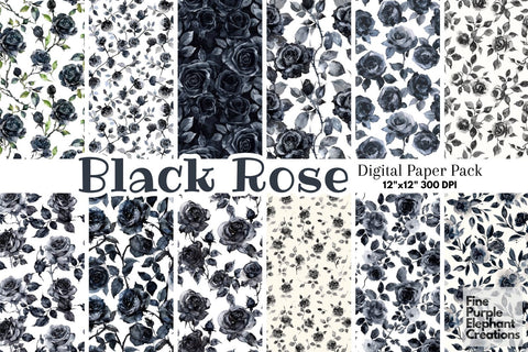 Watercolor Black Rose Flower Digital Paper | Halloween Gothic Noir Digital Pattern Fine Purple Elephant Creations 