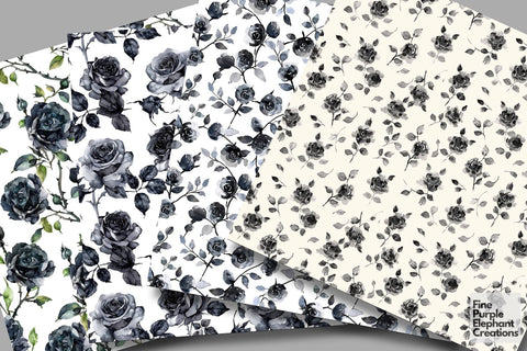 Watercolor Black Rose Flower Digital Paper | Halloween Gothic Noir Digital Pattern Fine Purple Elephant Creations 