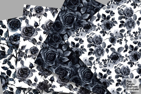 Watercolor Black Rose Flower Digital Paper | Halloween Gothic Noir Digital Pattern Fine Purple Elephant Creations 