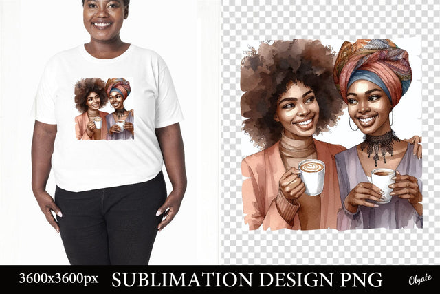 Watercolor Black Woman with Coffee Sublimation PNG Sublimation Olga Terlyanskaya 