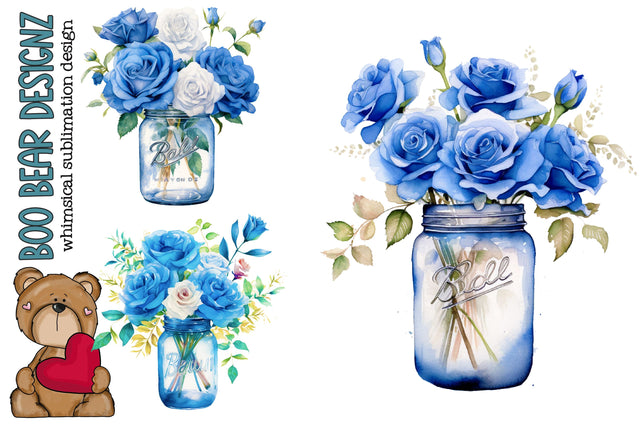 Watercolor Blue and White Rose Jar Clipart Sublimation Boo Bear Designz 
