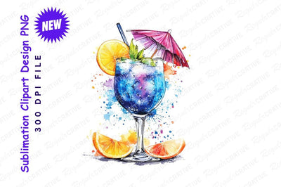 Watercolor Blue Cocktail Drink Clipart Png Sublimation Regulrcrative 