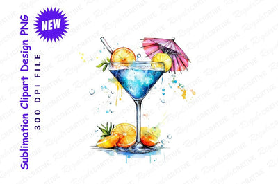 Watercolor Blue Cocktail With Citrus And Umbrella Sublimation Regulrcrative 